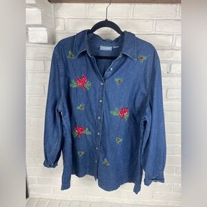 Liz & Me denim embroidered cardinal holiday shirt XL festive winter birds